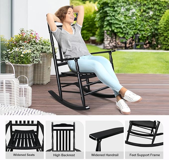 VINGLI Wooden Rocking Chair, Outdoor Chair with 450 lbs Support, Relaxing Rocker with Solid Wood High Back Seat Reclining Seat for Deck, Garden, Backyard, Porch, Indoor or Outdoor Use (Black, 1PC)