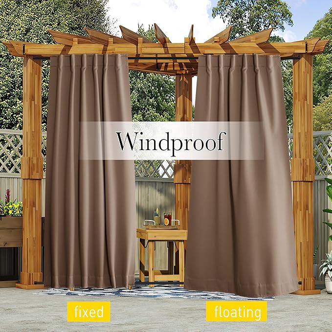 NICETOWN 2 Panels Outdoor Curtains Waterproof Pocket & Back Tab on Top & Bottom, Thermal Insulated Windproof Sun Blocking Outside Privacy Drapes for Patio with Fixed Rope, W84 x L95, Tan