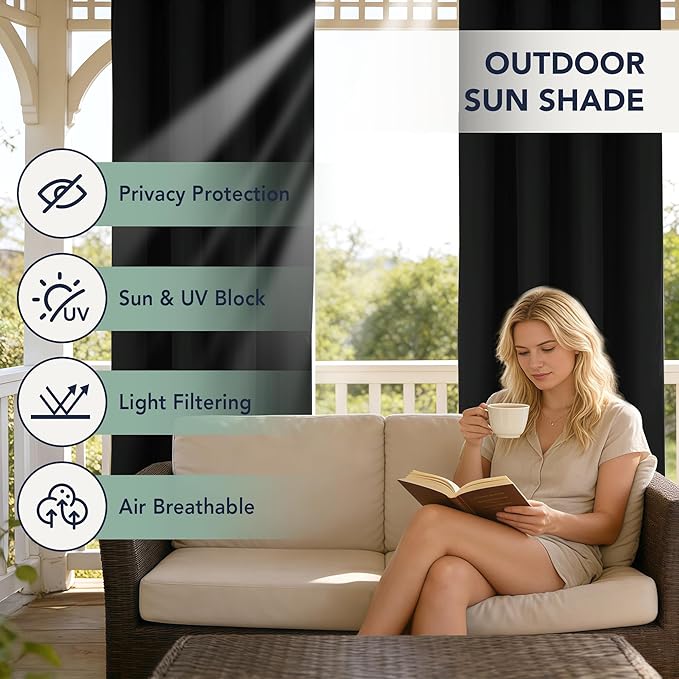 Black Outdoor Curtains for Patio Waterproof - 6 Panels Privacy Weatherproof Outside Curtains with Grommets for Pergola, Gazebo, Porch, Cabana, Balcony, 54 x 84 Inch