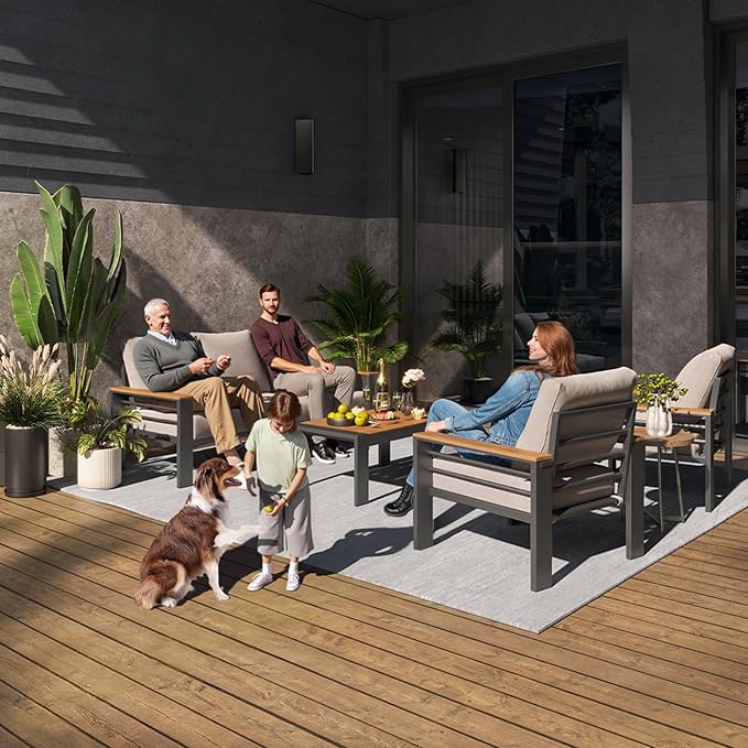 Aoxun Aluminum Outdoor Patio Furniture Set, 5 Seats Outdoor Sectional with Coffee Table, Patio Conversation Sets with Upgraded Armrests and Cushions for Backyard, Garden and Poolside（Grey）