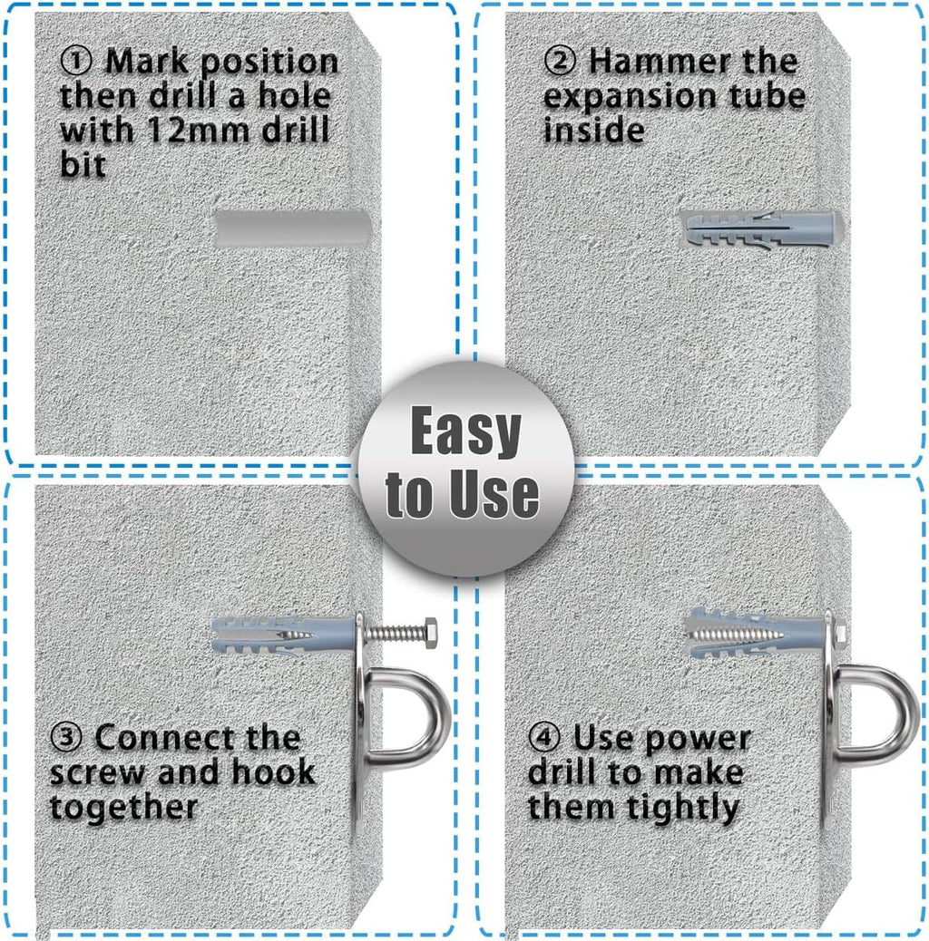 Hammock Hooks Heavy Duty, 1700lbs Capacity Hammock Hanging Kit, 2pcs 10MM 304 Stainless Steel Pad Eye Hooks for Porch Swing Hanging, Hammock Chair, Wall Ceiling Mount Hanger Indoor & Outdoor (Silver)