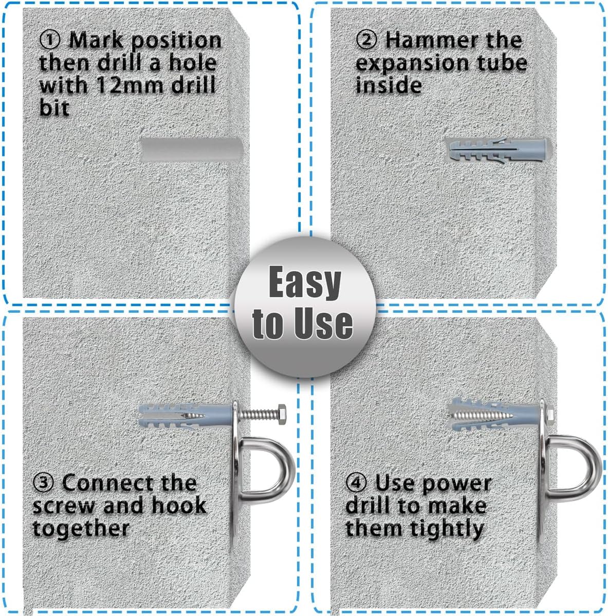 Hammock Hooks Heavy Duty, 1700lbs Capacity Hammock Hanging Kit, 2pcs 10MM 304 Stainless Steel Pad Eye Hooks for Porch Swing Hanging, Hammock Chair, Wall Ceiling Mount Hanger Indoor & Outdoor (Silver)