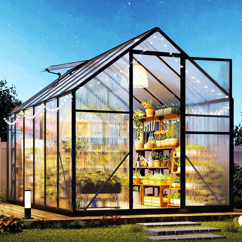 jocisland 6x12x6.3 ft polycarbonate walk-in greenhouse with dual, front angle view