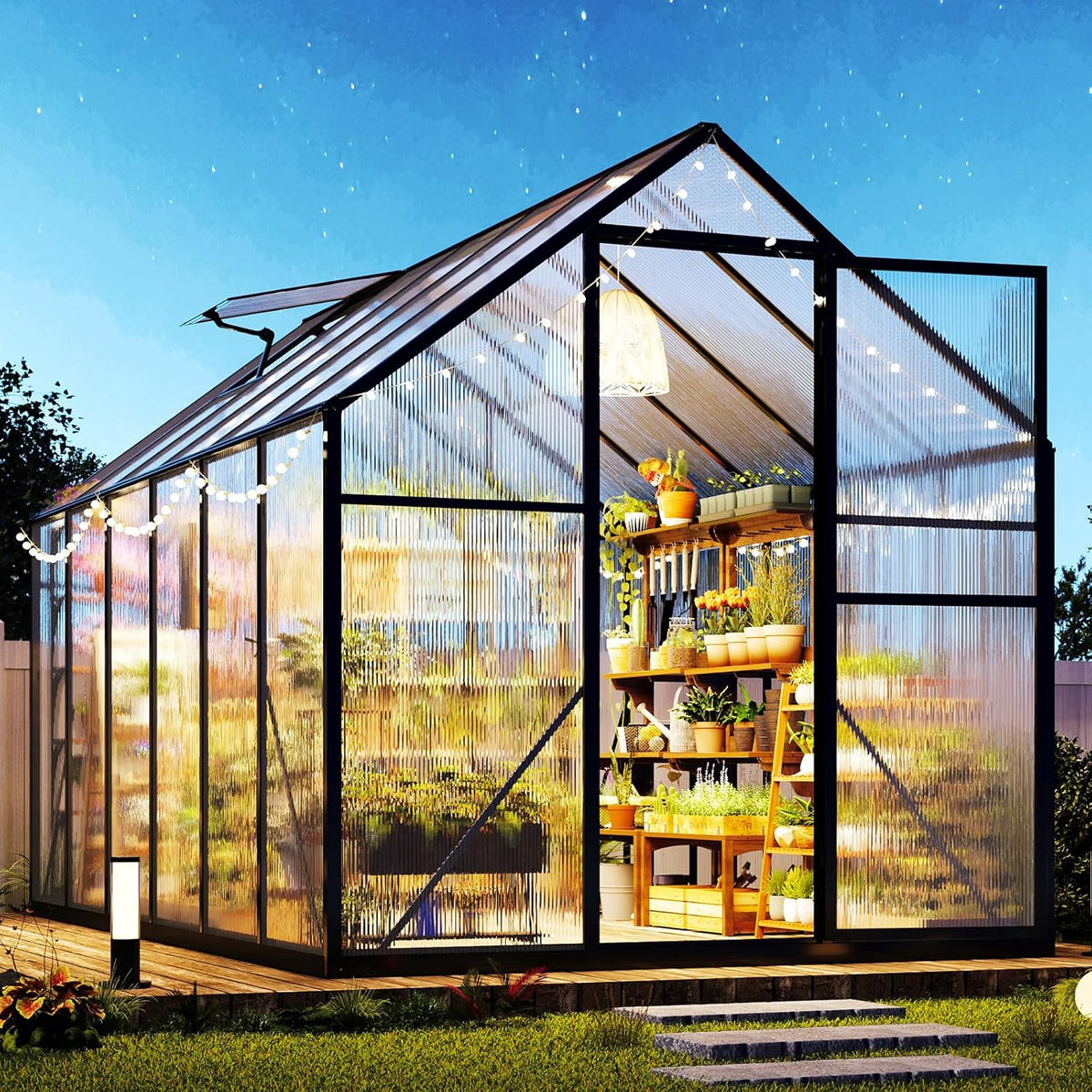 jocisland 6x12x6.3 ft polycarbonate walk-in greenhouse with dual, front angle view