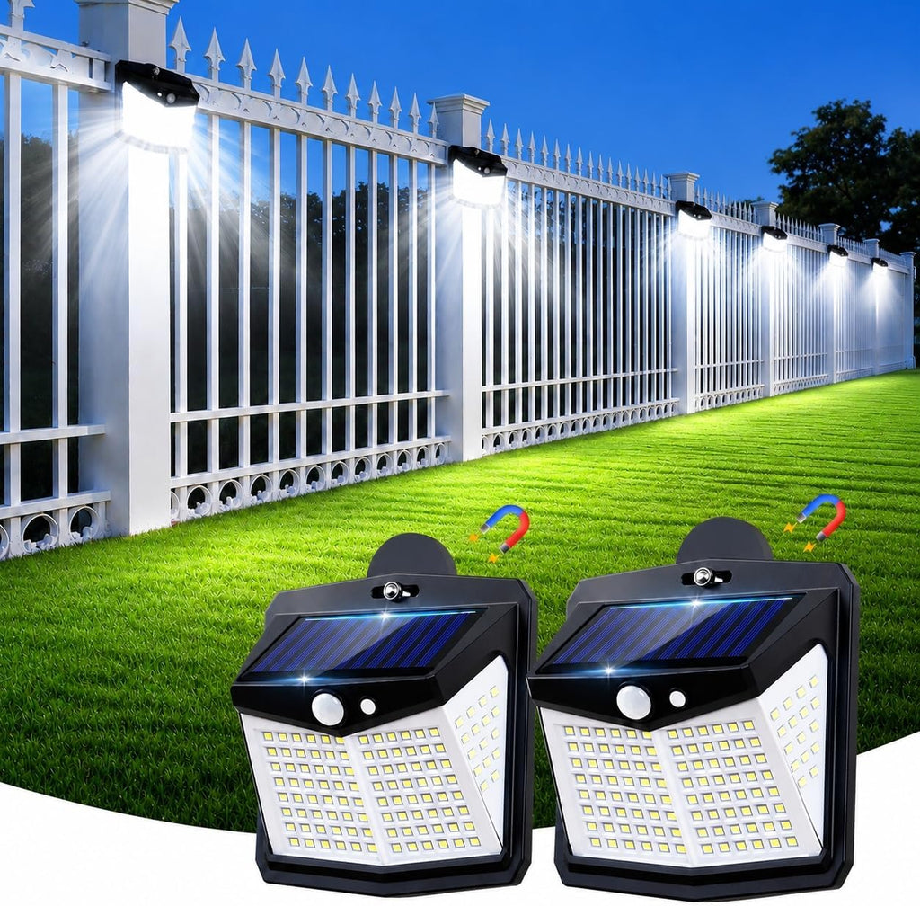128LED Magnetic Solar Lights Outdoor, No Drill Solar Motion Sensor Lights with Strong Magnets, IP65 Waterproof Outdoor Step Lights for Metal Fence, Chain Link, RV, Camper, Porch, Deck, Garage(2Pack）