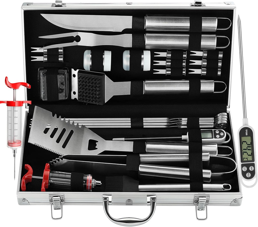 grilljoy 24PCS BBQ Grill Tools Set with Meat Thermometer and Injector - Extra Thick Stainless Steel Fork, Spatula& Tongs - Complete BBQ Accessories in - Perfect Grill Gifts for Father's Day
