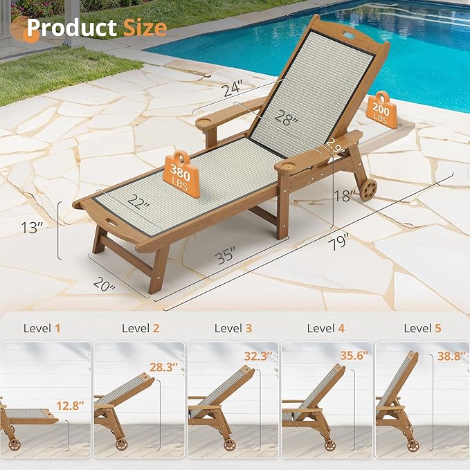 LUE BONA Chaise Lounge Chair Outdoor, HDPS and HDPE Wicker Material, Patio Lounge Chair with Adjustable Backrest, Resin Pool Lounge Chairs with Wheels for Backyard, Poolside and Deck,Teak
