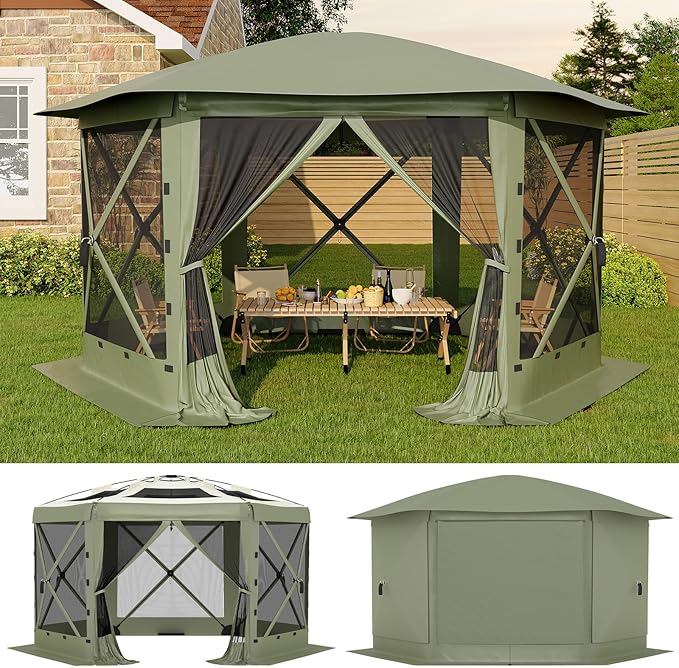11.5x11.5FT 6-Sided Pop Up Gazebo Tent，One-Push Setup Canopy Tent with Mesh Panels & Removable Wind Cloths, Outdoor shelter for Camping, Backyard Parties, Outdoor Events - Army Green