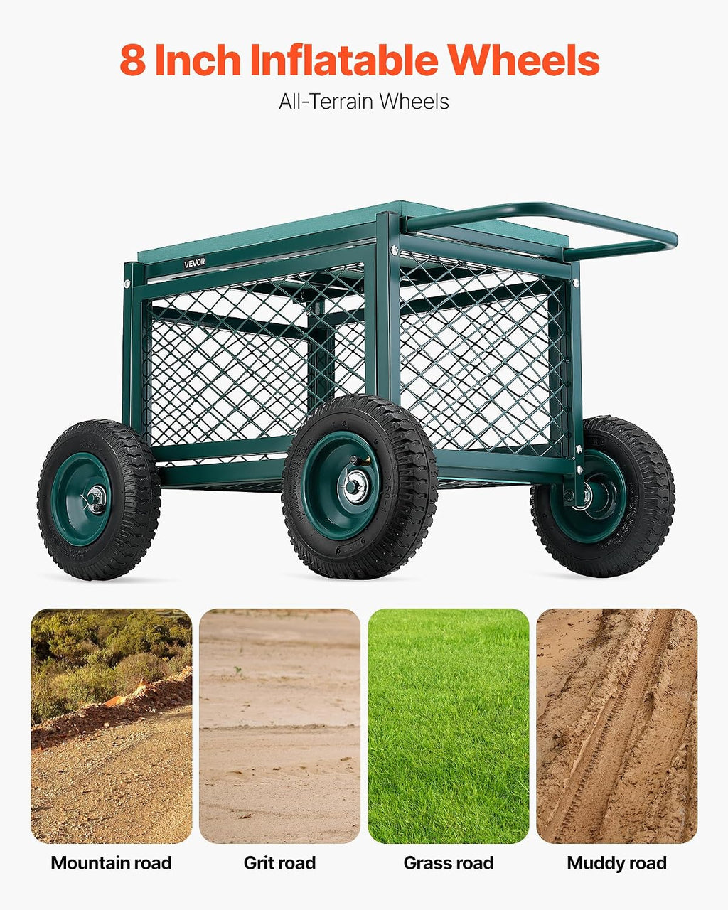 vevor rolling garden cart with seat, metal rolling, close-up detail
