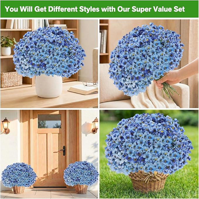 22 Pack Artificial Flowers Outdoor Fake Plants, Faux Flowers UV Resistant with Plastic Plants, Faux Silk Flowers for Outdoors Outside Front Porch Hanging Planter Window Box Garden Decoration(Blue)