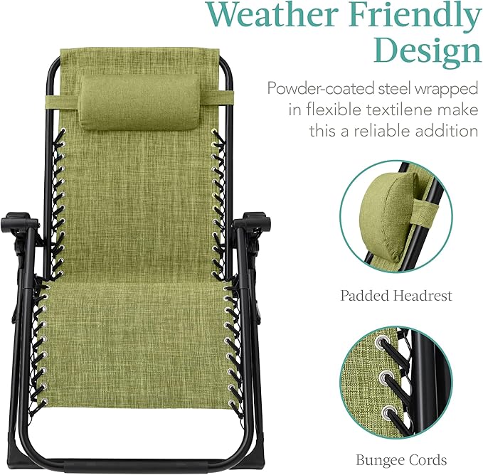Best Choice Products Oversized Zero Gravity Chair, Folding Outdoor Patio Recliner, XL Anti Gravity Lounger w/Removable Cushion, Cup Holder, Side Tray, 350lb Capacity - Lime Green