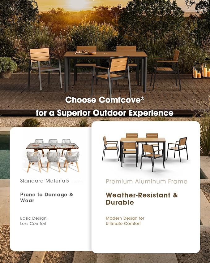 Outdoor Patio Dining Chairs Set of 2, Aluminum & HDPS All-Weather Dining Chairs for Deck, Lawn, Backyard, Pool (Gray & Teak)
