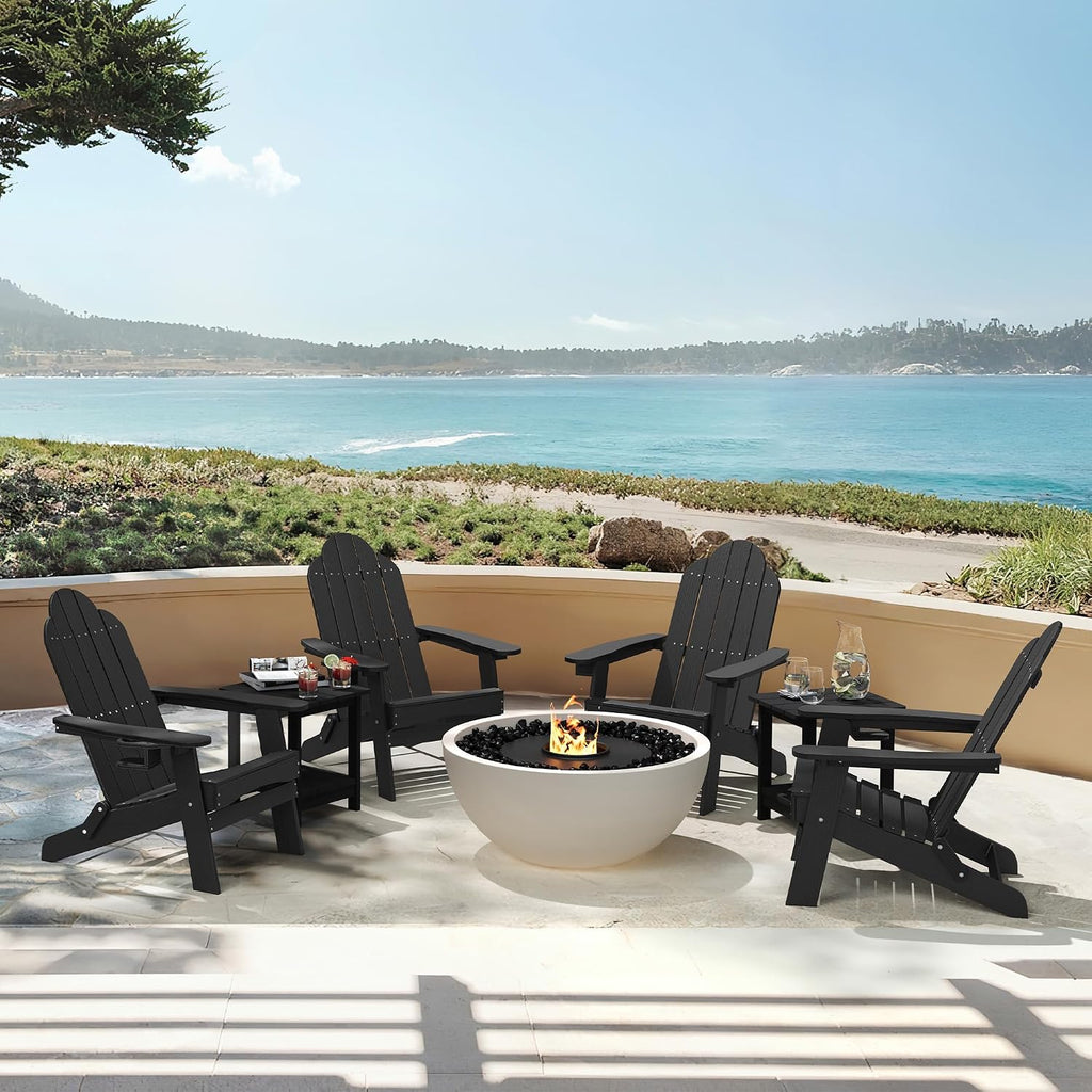 LUE BONA Folding Adirondack Chairs Set of 4, HDPS Fire Pit Chairs, Black | All-weather-resistant, ergonomic curved design, all-day comfortable sitting, HDPS Distinct texture & vibrant rich colors