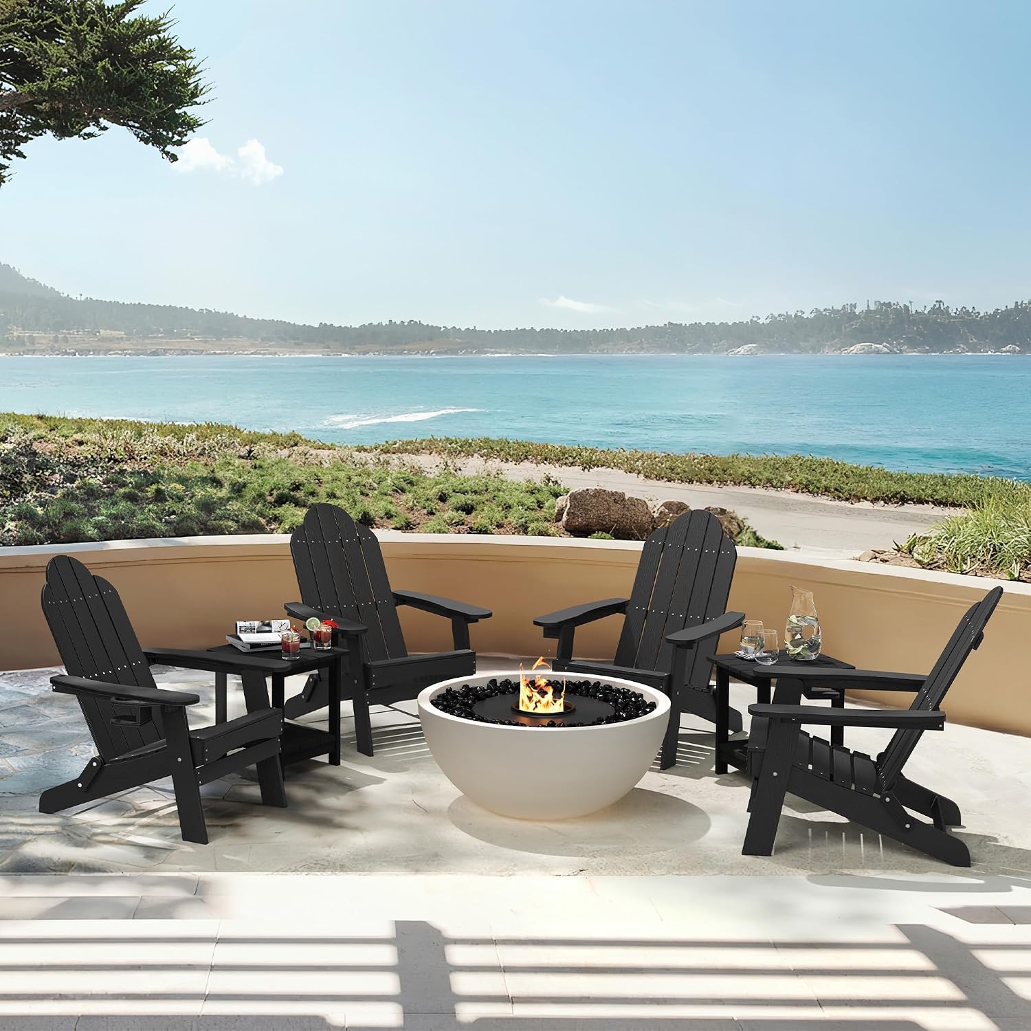LUE BONA Folding Adirondack Chairs Set of 4, HDPS Fire Pit Chairs, Black | All-weather-resistant, ergonomic curved design, all-day comfortable sitting, HDPS Distinct texture & vibrant rich colors