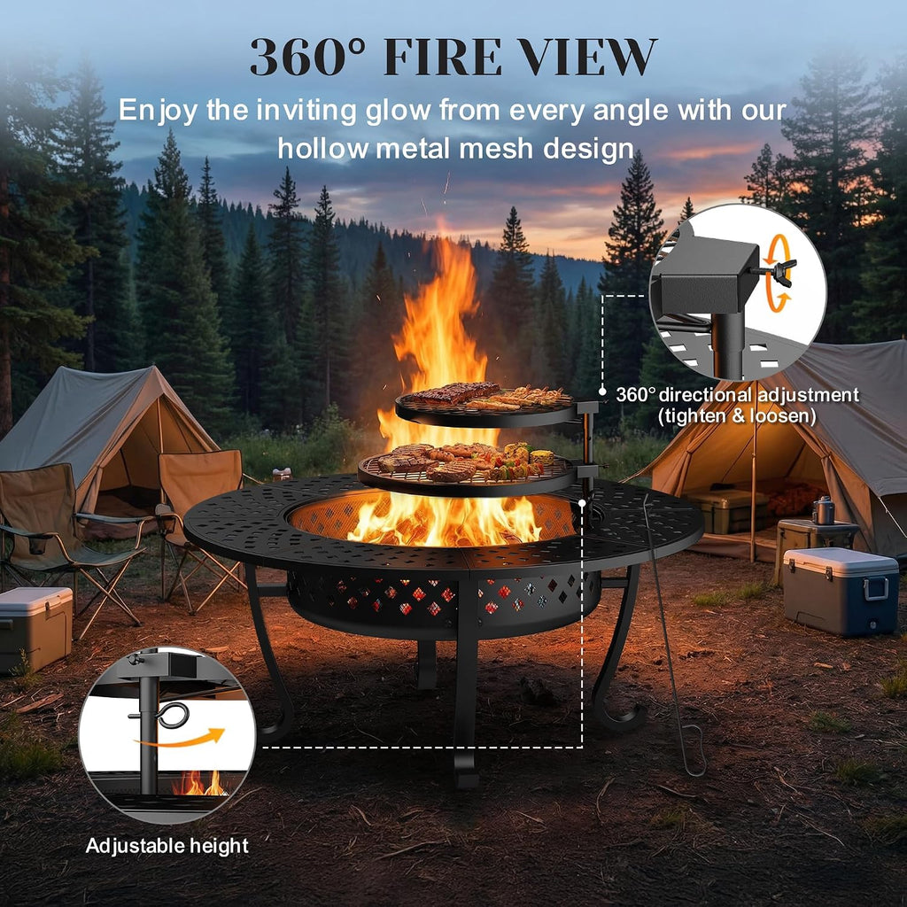 43" fire pit, firepit with adjustable 2 grills, close-up detail