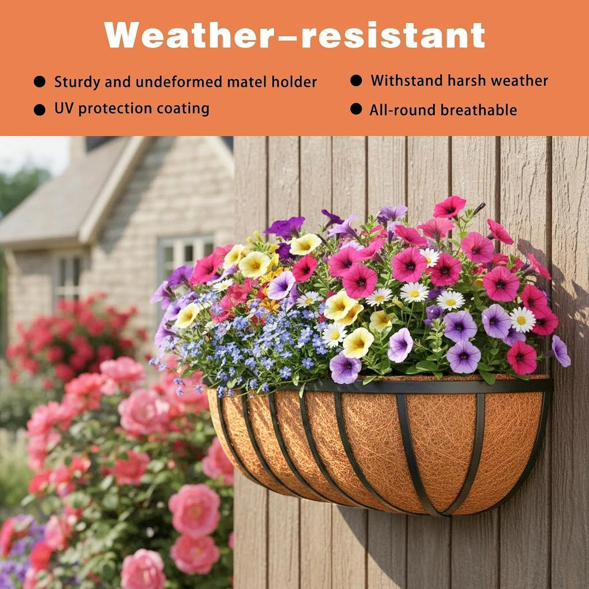 16" railing planter window box with coco fiber, close-up detail