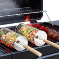 ivtivfu Rolling Grill Basket, Removable Wooden Handle, Nesting BBQ Tools | 304 Stainless Steel, Smoker Grilling Accessories for Vegetable, Outdoor Cooking Camping, Birthday Gifts for Men Dad Husband