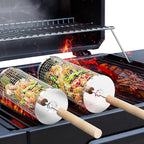 ivtivfu Rolling Grill Basket, Removable Wooden Handle, Nesting BBQ Tools | 304 Stainless Steel, Smoker Grilling Accessories for Vegetable, Outdoor Cooking Camping, Birthday Gifts for Men Dad Husband