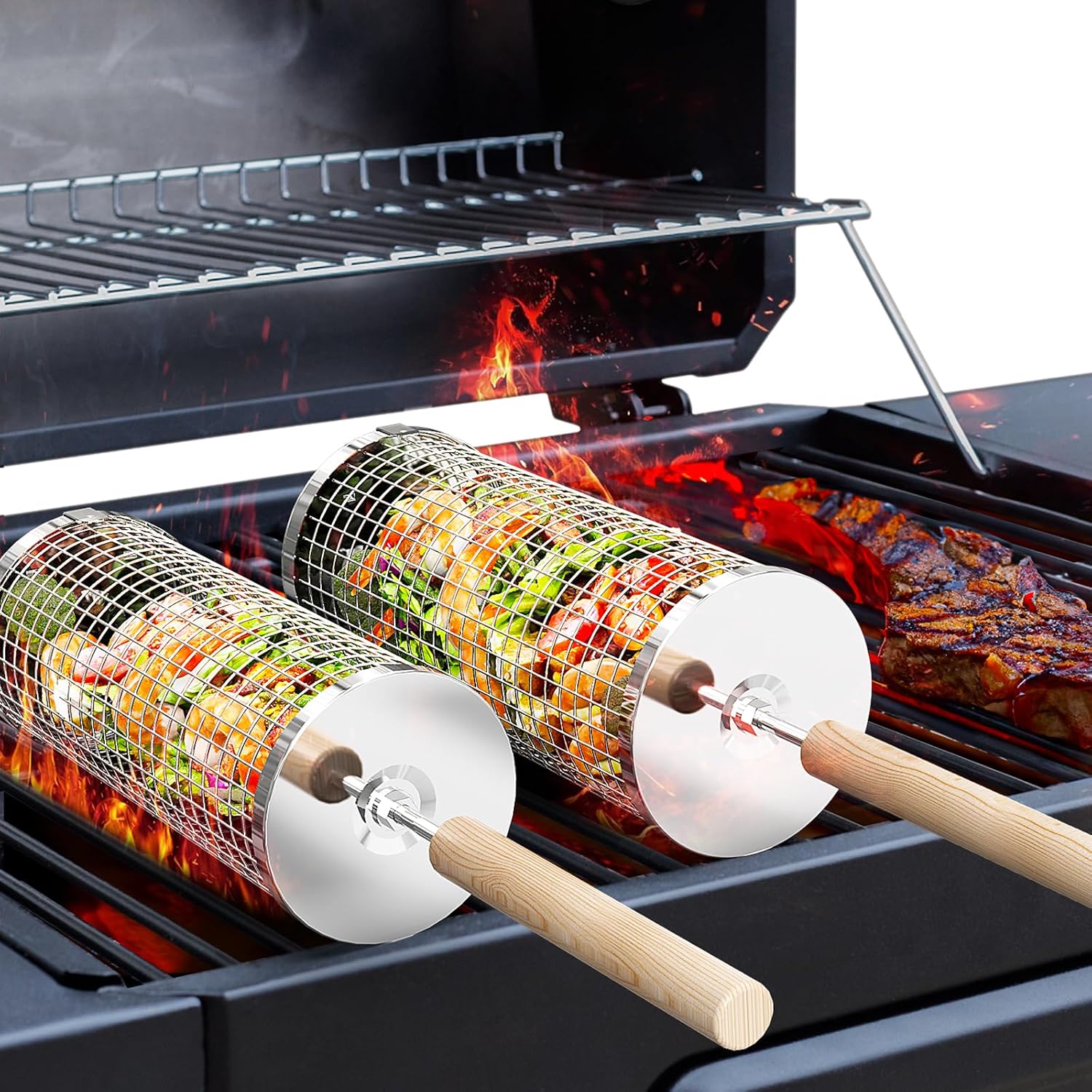 ivtivfu Rolling Grill Basket, Removable Wooden Handle, Nesting BBQ Tools | 304 Stainless Steel, Smoker Grilling Accessories for Vegetable, Outdoor Cooking Camping, Birthday Gifts for Men Dad Husband