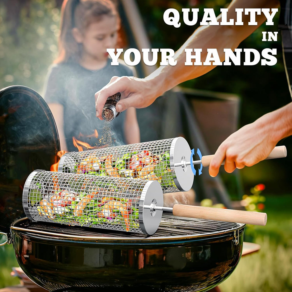 ivtivfu Rolling Grill Basket, Removable Wooden Handle, Nesting BBQ Tools | 304 Stainless Steel, Smoker Grilling Accessories for Vegetable, Outdoor Cooking Camping, Birthday Gifts for Men Dad Husband