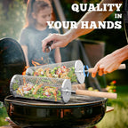 ivtivfu Rolling Grill Basket, Removable Wooden Handle, Nesting BBQ Tools | 304 Stainless Steel, Smoker Grilling Accessories for Vegetable, Outdoor Cooking Camping, Birthday Gifts for Men Dad Husband