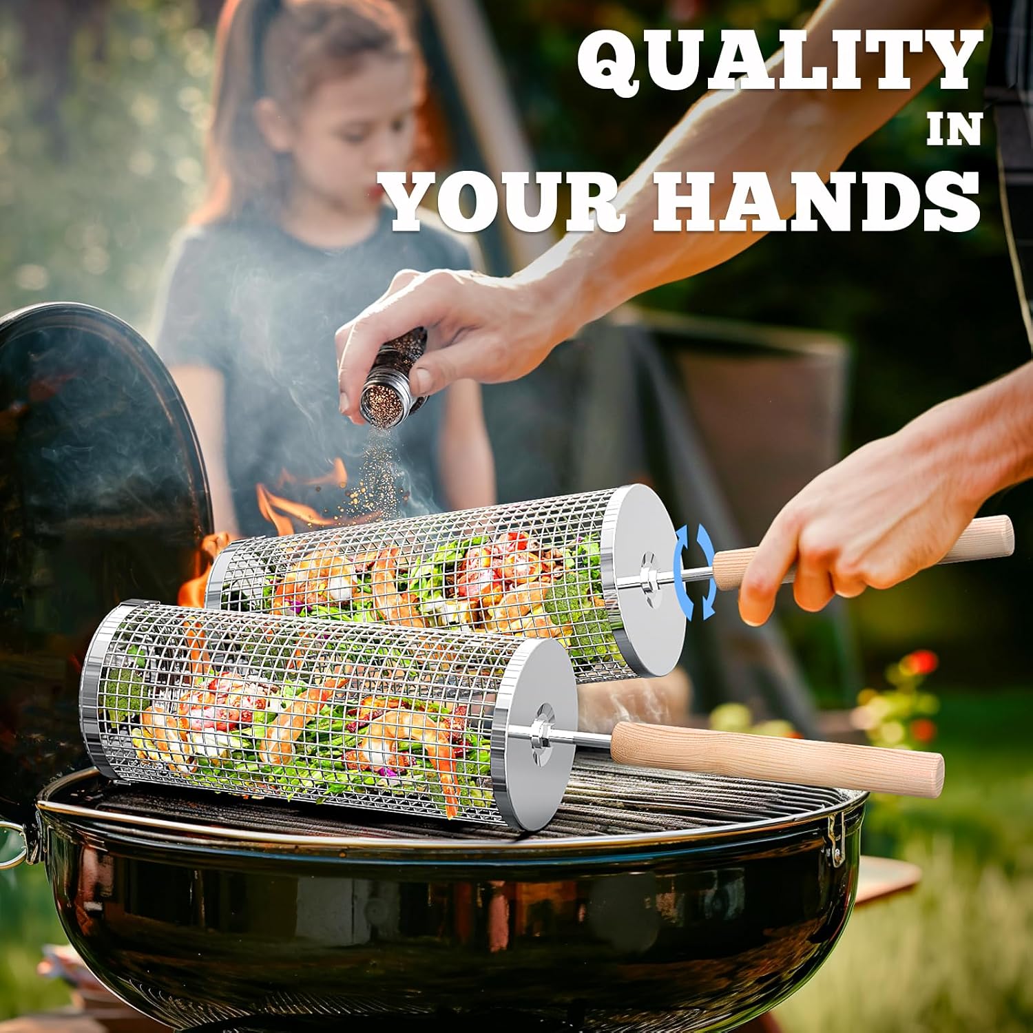 ivtivfu Rolling Grill Basket, Removable Wooden Handle, Nesting BBQ Tools | 304 Stainless Steel, Smoker Grilling Accessories for Vegetable, Outdoor Cooking Camping, Birthday Gifts for Men Dad Husband