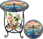 Outdoor Side Table Round Small Mosaic Patio Accent Indoor End Plant Coffee Tea Table for Yard Patio Porch Garden Living Room, Bedroom(Dragonfly Style,14 Inch)