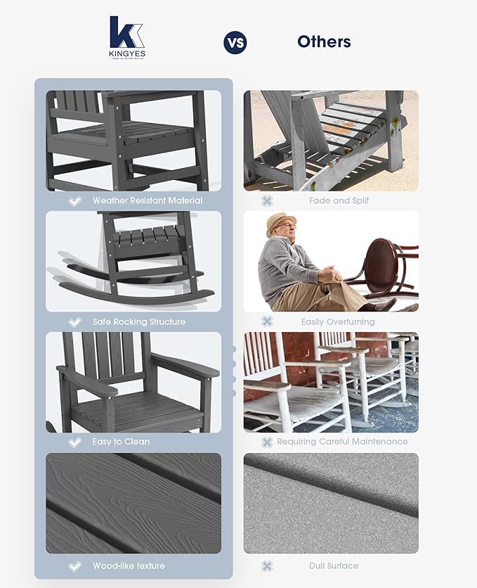 KINGYES HDPE Patio Rocking Chair Set of 4, Outdoor Rocking Chairs Porch Rocker for Adults, Grey