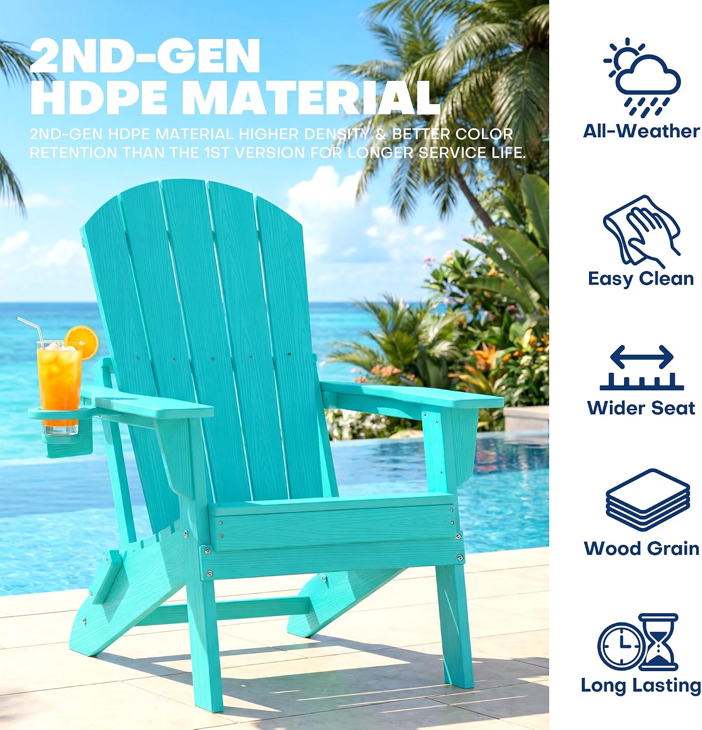 HDPE 3-Piece Folding Adirondack Chair Set, Aruba Blue | 38" Extra Tall Back & Embossed Wood Grain, Oversized HDPE Patio Furniture with Side Table & Cup Holders, All Weather