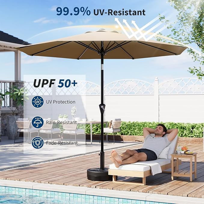 Garvee 10FT Patio Umbrella - Outdoor Table Umbrella with Smooth Crank Lift, Push Button Tilt and 8 Sturdy Ribs - Market Umbrella UV Protection Waterproof for Pool, Deck, Yard, Garden (Tan)