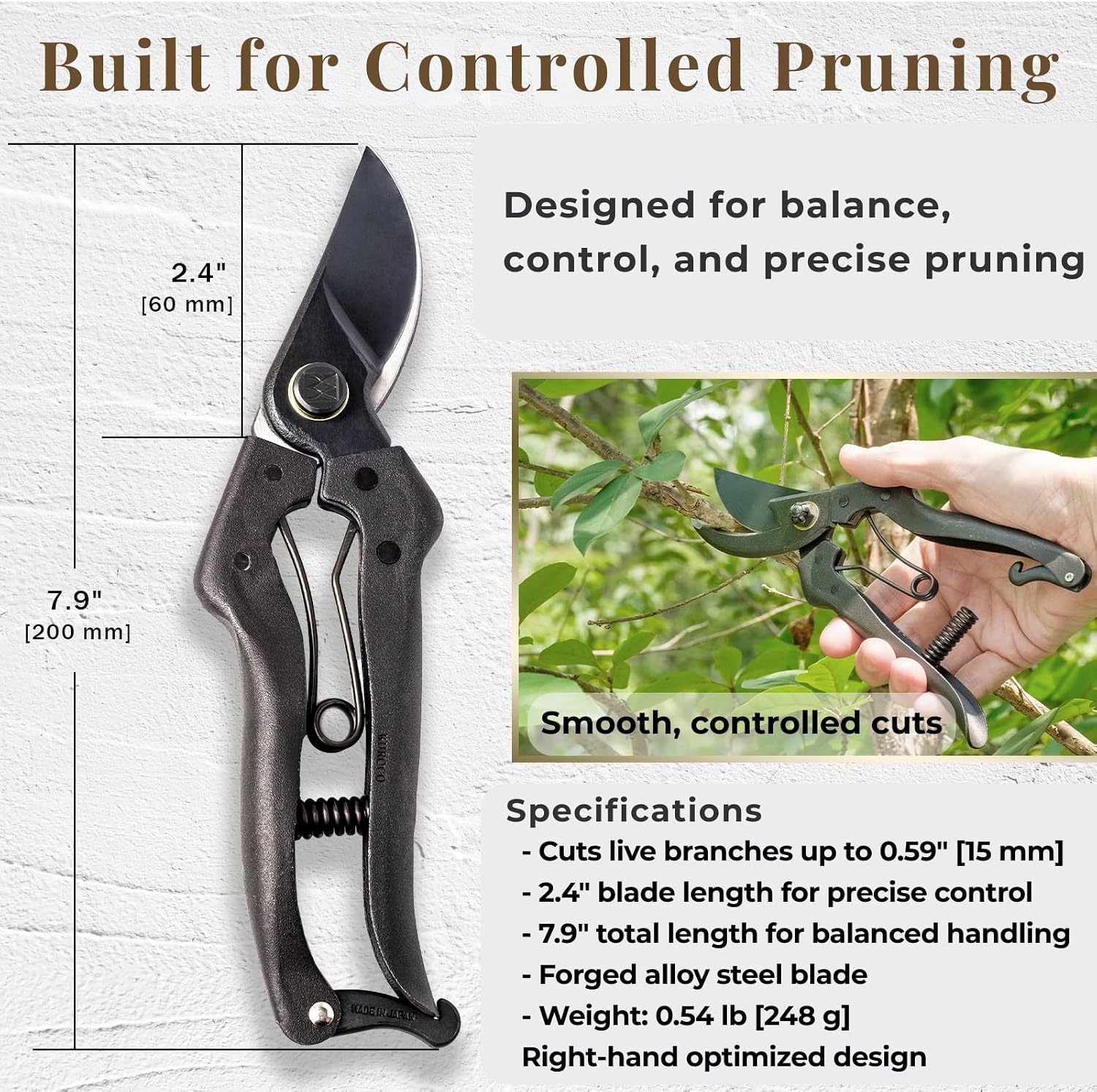 Wablade Japanese Pruning Shears, Bypass Garden Pruner 7.9", Made in Japan | Garden shears cut live branches up to 0.59", forged alloy steel blade for clean, controlled pruning (Cusion-Spring Model)