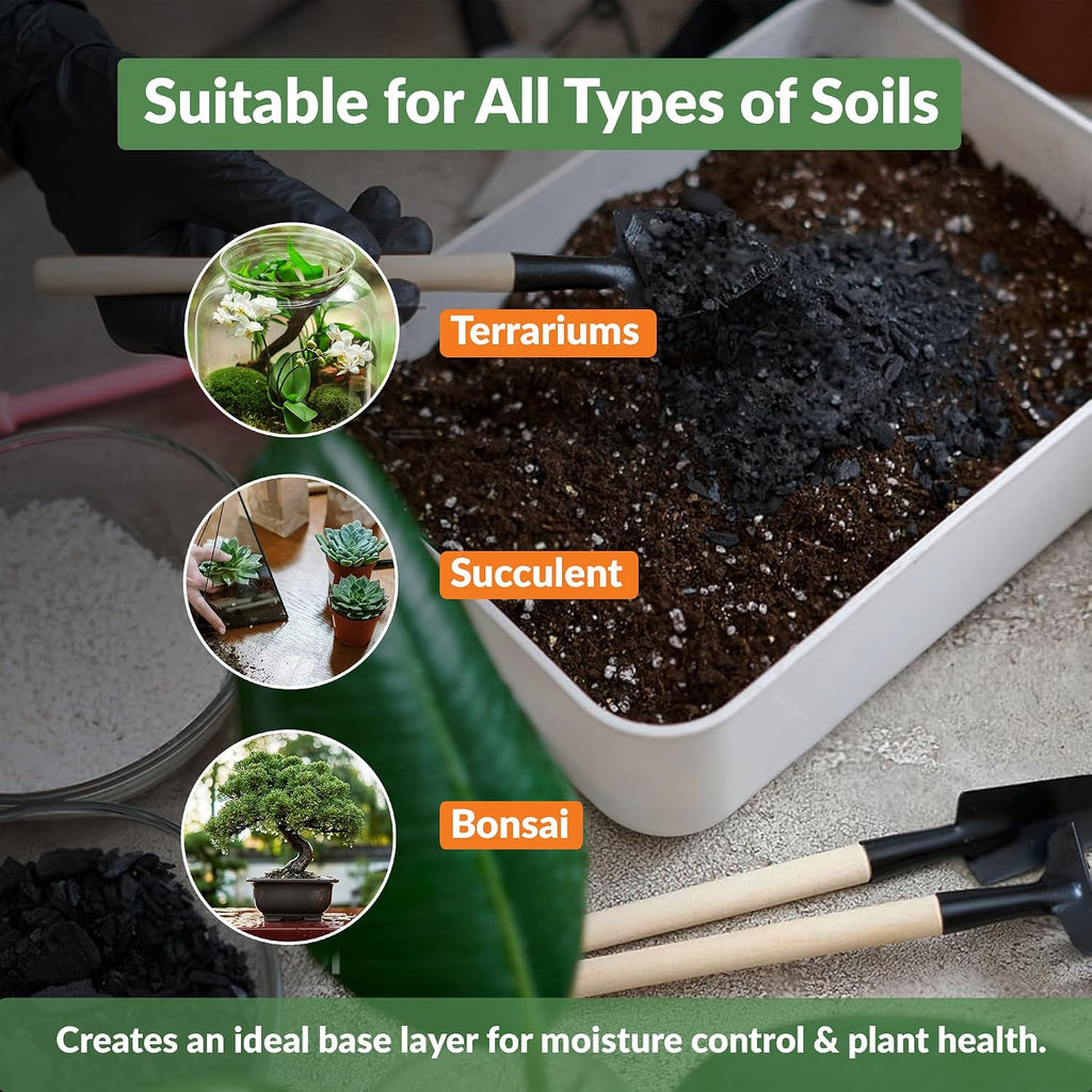old potters premium horticultural charcoal chips, natural soil showing dimensions