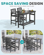 SERWALL Outdoor Bar Set - 2 Adirondack Bar Chairs & Bar Height Table with 1.6" Umbrella Hole, All-Weather HDPE Patio Furniture for Poolside, Backyard, Garden - Grey