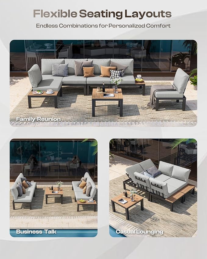 Aluminum Outdoor Patio Sofa Set, 2 Seats Modular Sectional Single Seat Sofa Chairs with Removable Cushions, All-Weather Outdoor Conversation Sets for Garden & Yard, Gray