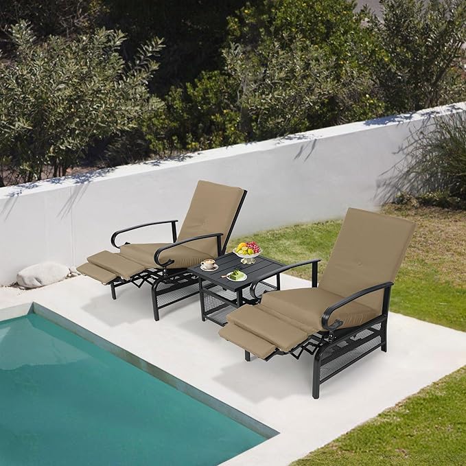 Oakcloud Adjustable Outdoor Lounge Chair Metal Patio Relaxing Recliner Chair with Removable Cushions(Brown)