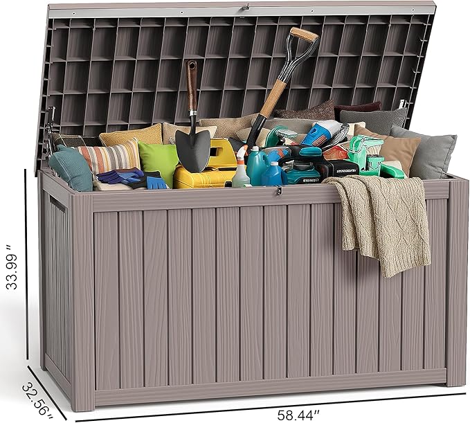 ROJIK Outdoor Storage Housing Deck Box - Waterproof Patio Furniture, Garden Tools, Cushions, Pool Accessories Storage Bench with Lockable Lid and Side Handles (Grey, 275 Gal)