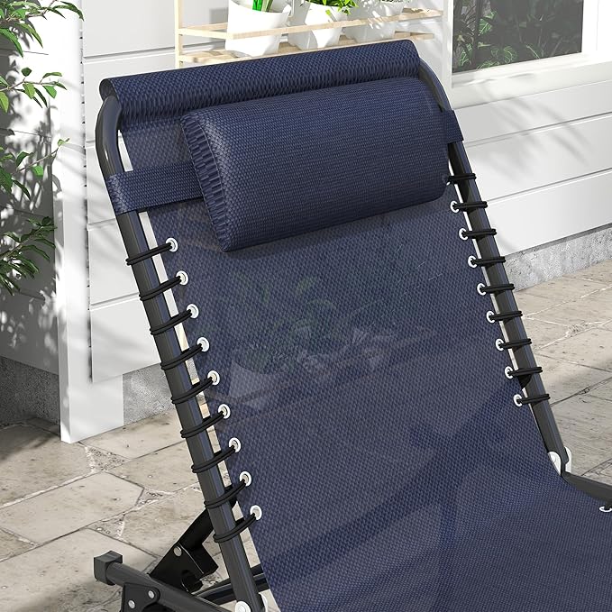 Outsunny Folding Chaise Lounge Chair, Patio Sun Tanning Chair, Outdoor Chaise Lounger with 4-Position Reclining Back, Breathable Mesh Seat for Beach, Poolside, Yard, Dark Blue