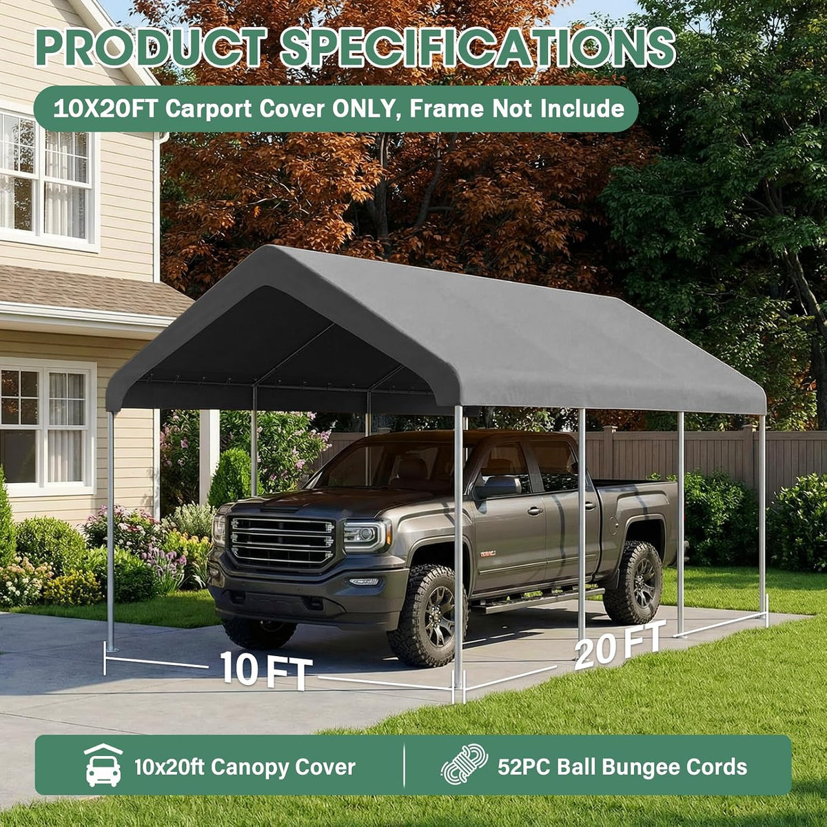 10x20 canopy replacement cover, outdoor carport canopy top, side view