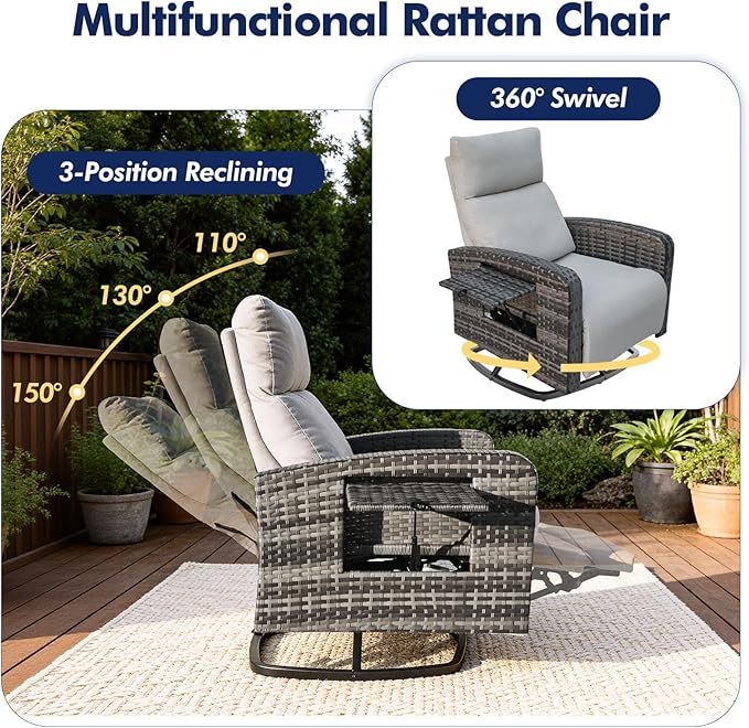 Outdoor Recliner Chair Set of 2, Wicker Patio Recliners with Adjustable Backrest and Extended Foot Rest, Reclining Patio Chairs with Flip Table & Removable Cushion Cover for Porch
