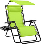 Best Choice Products Folding Zero Gravity Outdoor Recliner Patio Lounge Chair w/Adjustable Canopy Shade, Headrest, Side Accessory Tray, Textilene Mesh - Lime Green