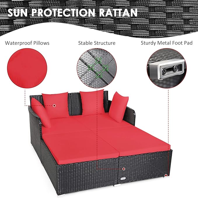COSTWAY Outdoor Patio Rattan Daybed, Sponge Cushioned Loveseat Sofa with 4 Pillows, Wicker Furniture Sunbed for Balcony, Courtyard (Red)