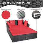 COSTWAY Outdoor Patio Rattan Daybed, Sponge Cushioned Loveseat Sofa with 4 Pillows, Wicker Furniture Sunbed for Balcony, Courtyard (Red)