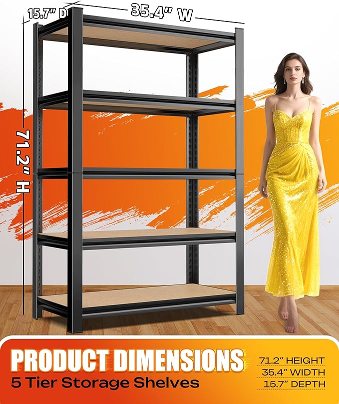 Set of 5 Garage Shelving Heavy Duty Storage Shelves, Metal Adjustable Shelving Unit, Utility Garage Organizer Shelf for Basement, Pantry, Kitchen, Warehouse,15.7" D x 35.4" W x 71.2" H