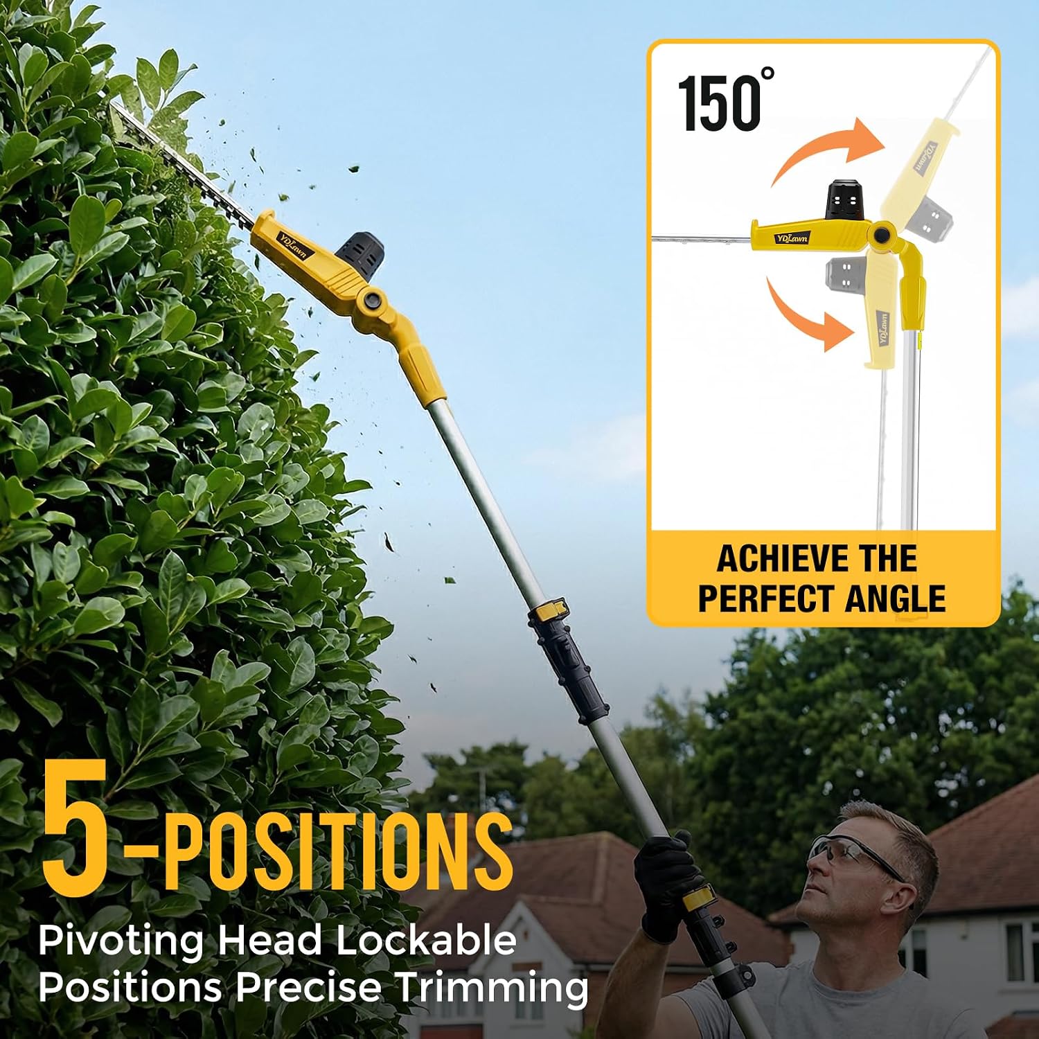 20V Cordless Pole Hedge Trimmer, 15 Ft Reach, 2 x 4.0Ah Batteries | Fast charger included, with 5/8-inch cutting capacity and an extension pole for trimming tall hedges,shrubs,and bushes,Yellow