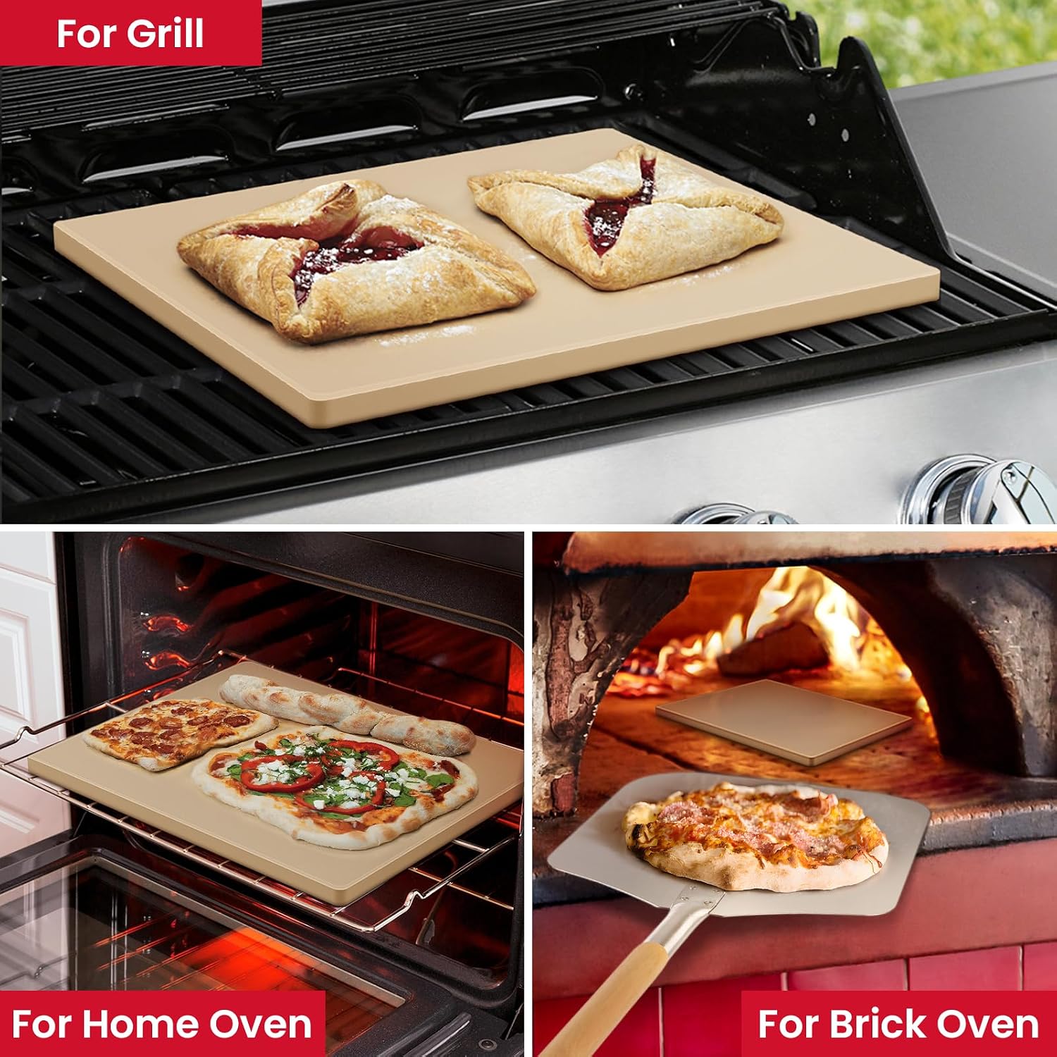 Unicook 20 x 13.5 Inch Extra Large Pizza Stone for Oven and Grill, 10.6 Lbs | Heavy Duty, Even Heating&Consistent Heat Retention, Crispy Crust for 2 Small Pizzas, Bread, Cookies, Includes Dough Scraper