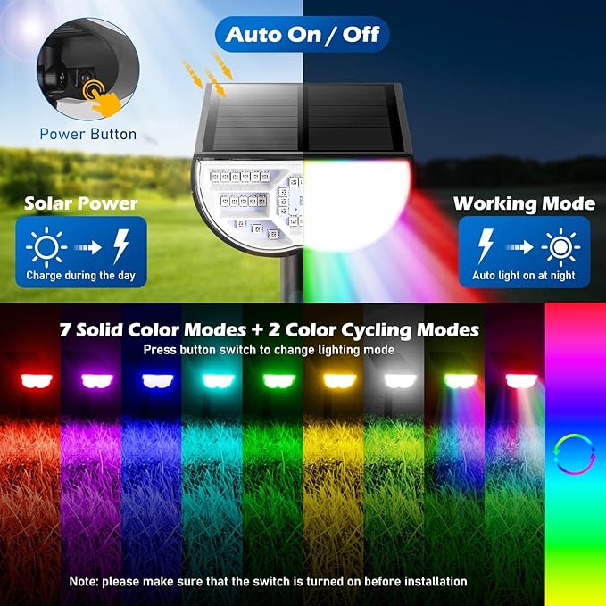 TOBUSA Solar Spot Lights Outdoor Waterproof, RGB Solar Color Changing Lights with 9 Lighting Modes, Multi-Color Solar Powered Landscape Spotlights for Holiday Decorations Yard Garden Pathway, 2-Pack