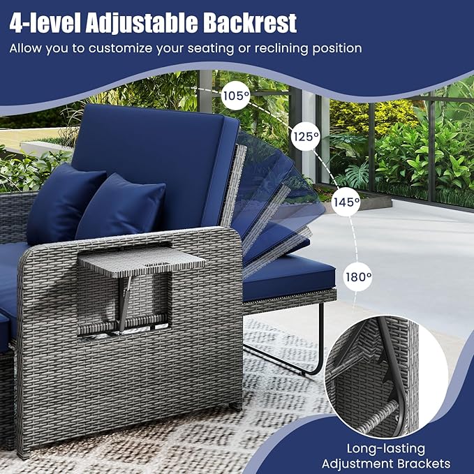 LDAILY Moccha Outdoor Daybed, Wicker Loveseat Sofa Set with 4-Postion Adjustable Backrest, Storage Ottoman, Cushions, Rattan Double Bed Lounger, Patio Furniture Set (Mixed Gray+Navy)