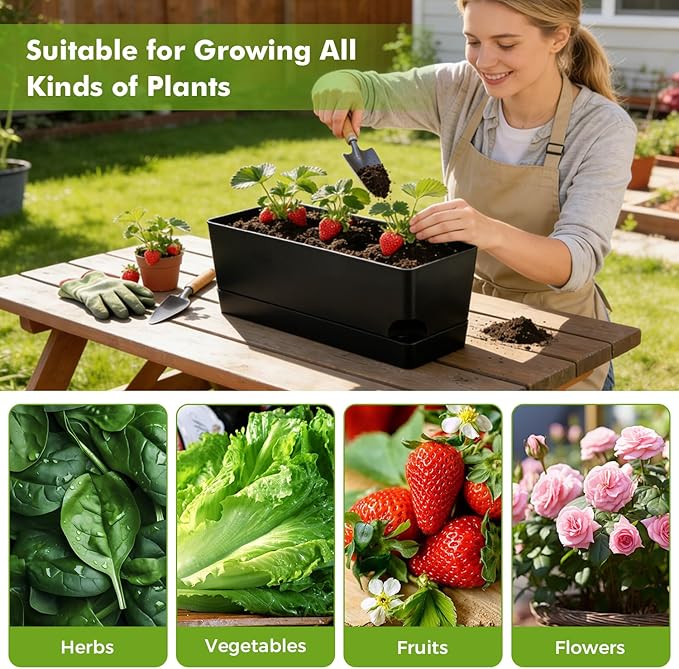Self Watering Pots for Indoor Plants 17 Inches Window Boxes Planters Rectangular Flower Pots Rectangle Herb Pots Large Plant Pots with Drainage Holes and Saucers Windowsill Planter (4, Black)