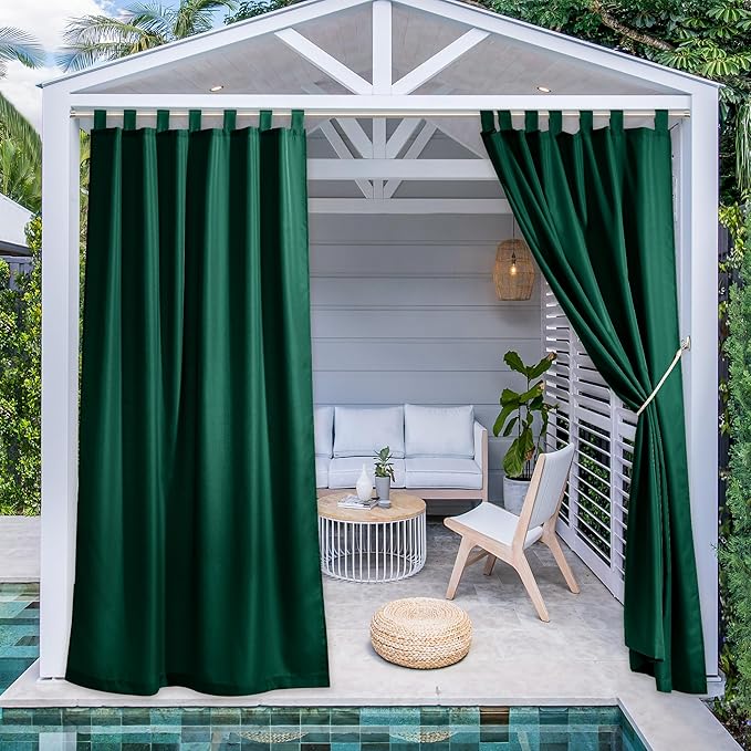 NICETOWN 2 Pieces Outdoor Curtains Waterproof Patio Drapes, Thermal Insulated Top Tab Sunlight Reducing Balance Summer Heat Winter Cool for Gazebo/Cabana, Dark Green, W55 x L95