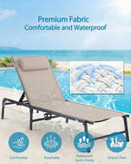 4 Pack Foldable Chaise Lounge Chair with Cup Holder, Assemble-Free Outdoor Lounge Chair with Detachable Pillow and 6 Adjustable Backrest, Patio Lounge Chair for Outside Poolside Beach Pool, Khaki